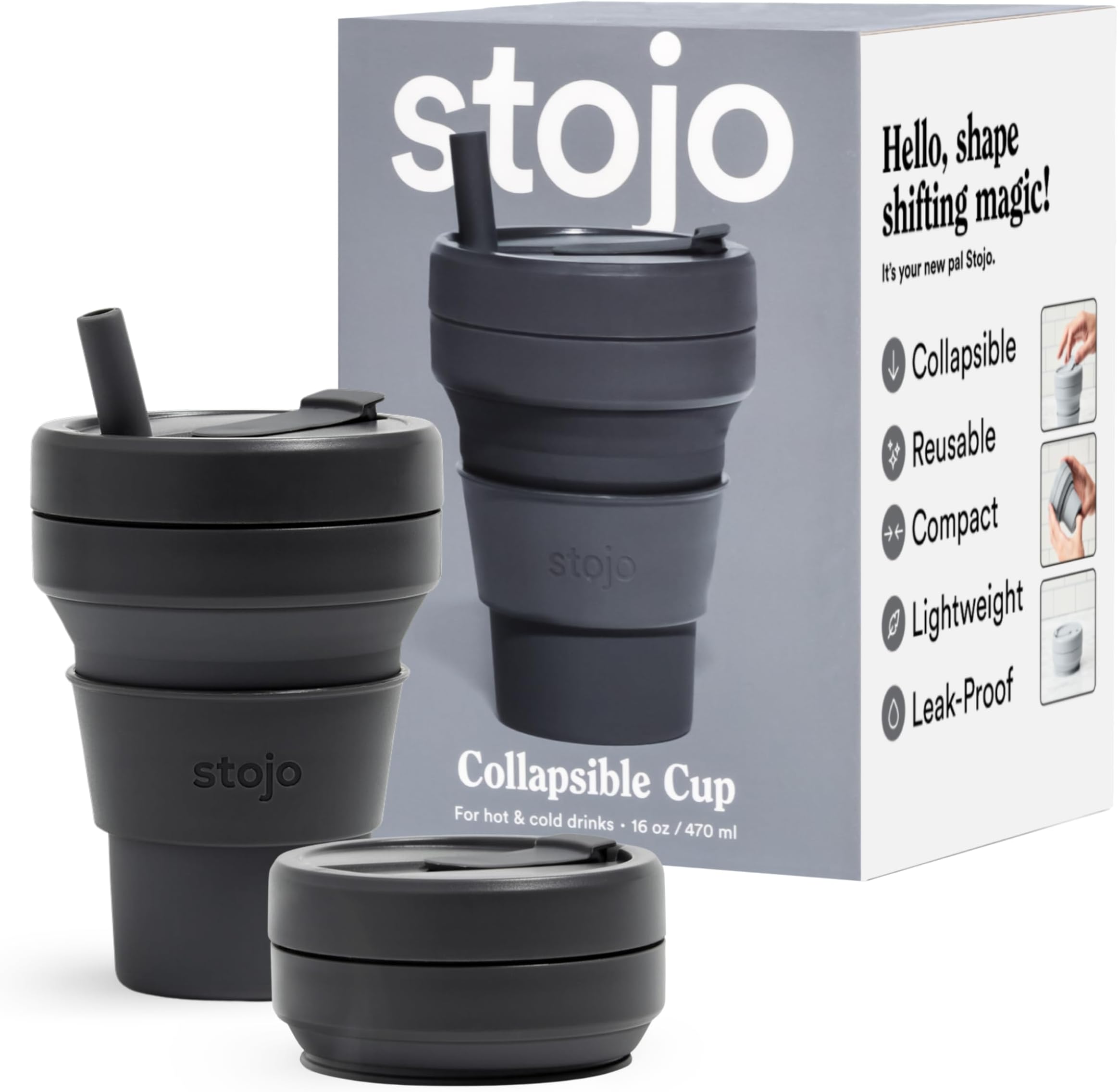 Stojo Collapsible Coffee Cup | Reusable to Go Pocket Size Travel Cup with Straw – Carbon Gray, 16oz