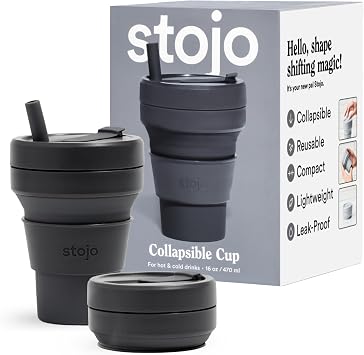 STOJO Collapsible Travel Cup - Reusable To-Go Pocket Size Silicone Bottle for Hot and Cold Drinks - Perfect for Camping - Microwave & Dishwasher Safe Carbon Gray, 16, ounces