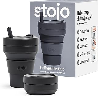 Collapsible Travel Cup With Straw - Carbon Gray, 16oz / 470ml - Reusable To-Go Pocket Size Silicone Cup for Hot and Cold Drinks - Perfect for Camping and Hiking - Microwave & Dishwasher Safe