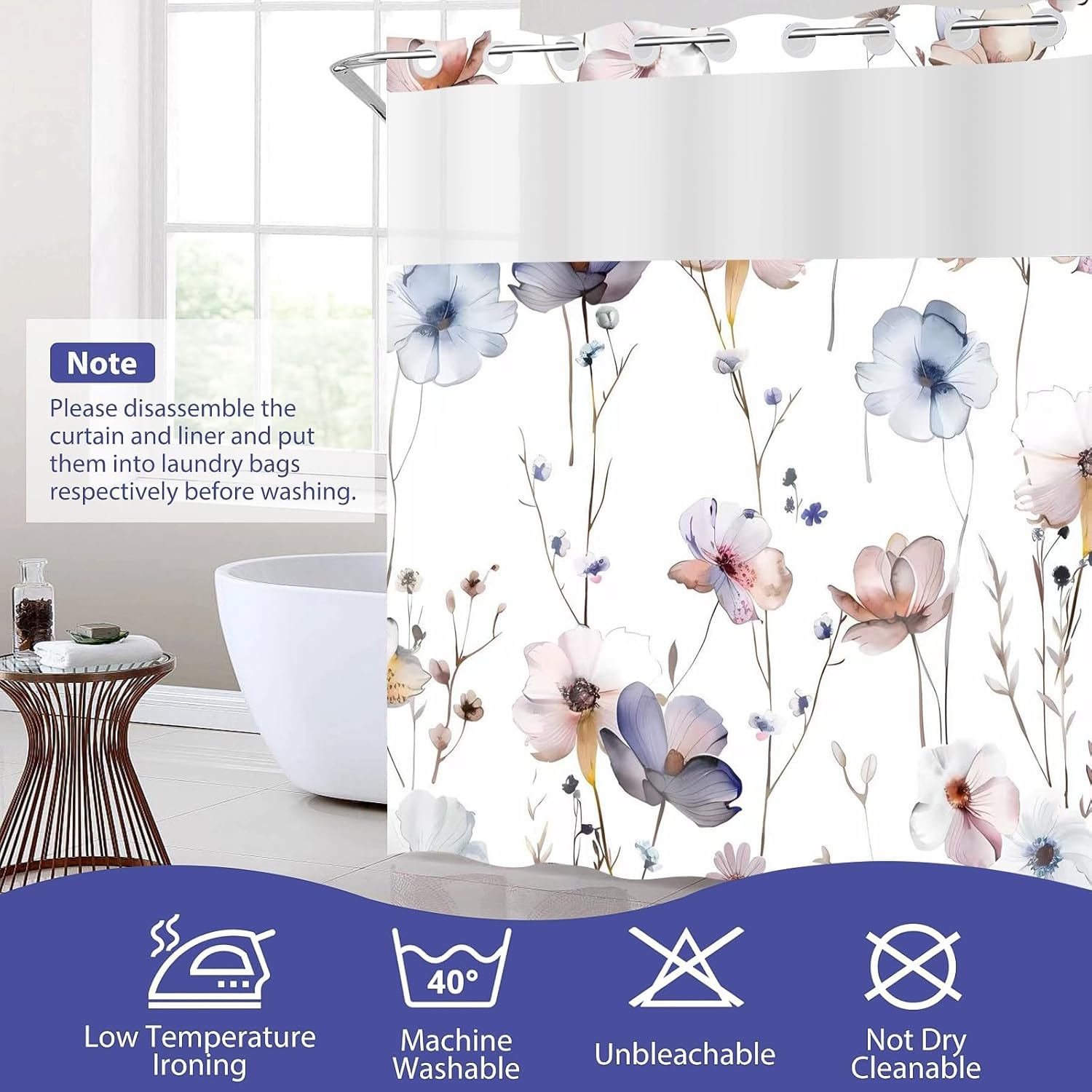 No Hook Shower Curtain 54 x 80 Inch, Watercolor Floral Water-Proof Fabric Inner Liner, Plants Blue Beige Flowers White Cloth Shower Curtains & Mesh Top for Home & Hotel Bath, Washable