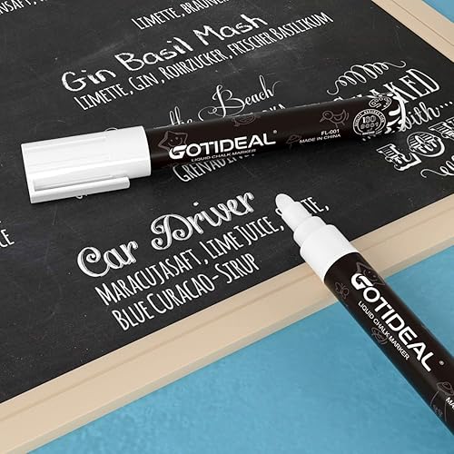 Miniatura 4 de GOTIDEAL Marcadores de tiza líquida blanca, paquete de 12 marcadores de pizarra, bolígrafos de tiza para ventanas de automóvil, letreros, pizarra,