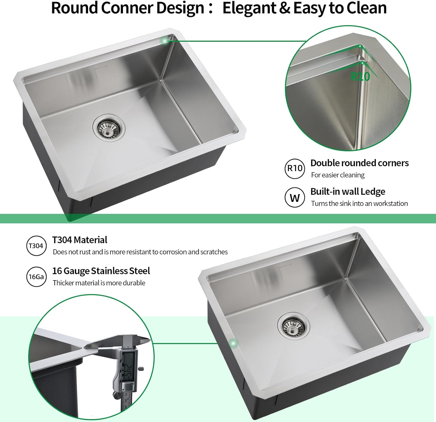 Undermount Kitchen Sink, 24 x 19 Inch Sink Kitchen 16 Gauge Stainless Steel Kitchen Sinks Single Bowl Workstation Sink with Cutting Board