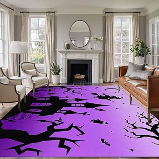 Area Rug for Living Room Halloween Night Castle Witch Tomb Soft Non Slip Indoor Carpet Washable Rugs, Ghost Tree Purple Ombre Large Rectangle Throw Rug for Bedroom Dining Room Nursery Dorm 6x9ft