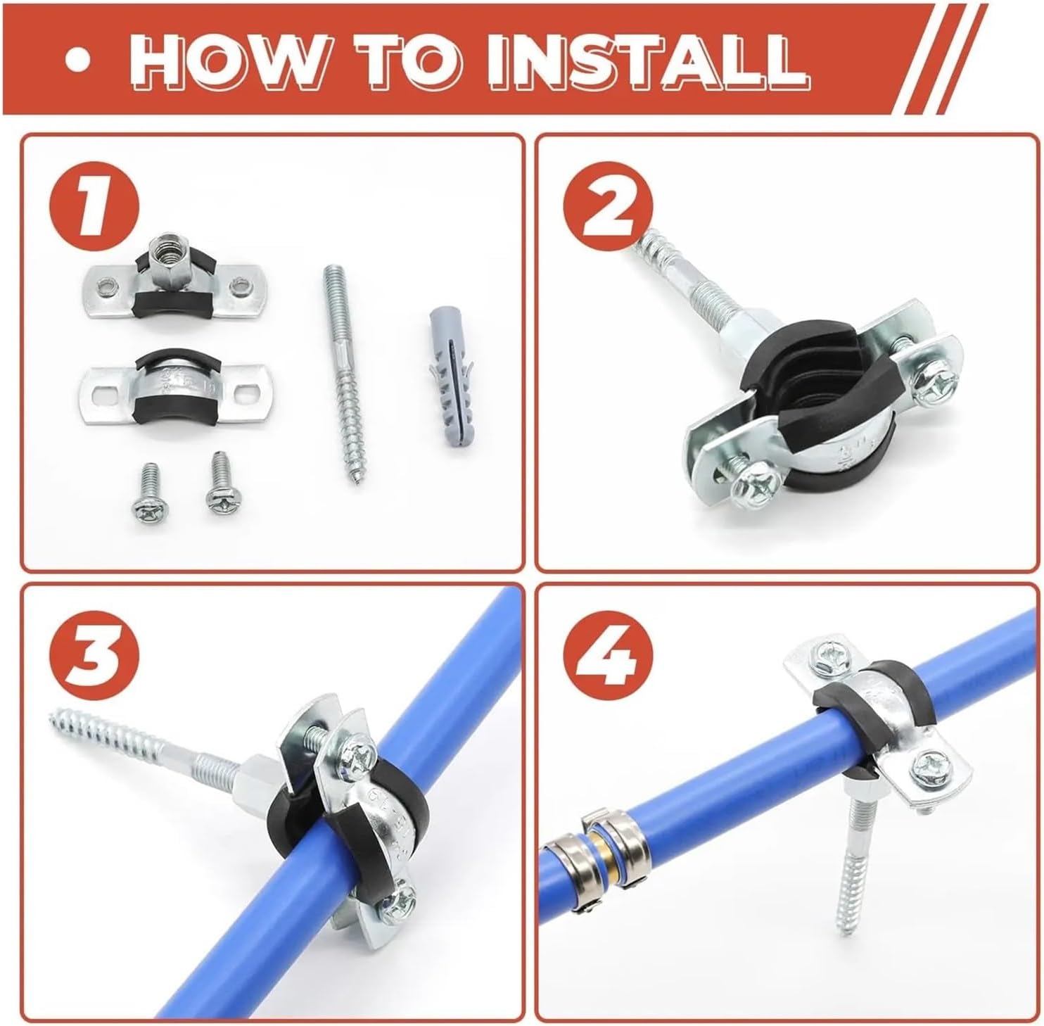 Ceiling Mount Pipe Support 4PCS Pipe Bracket Clamp with Rubber Screw Adjustable 15-166mm Wall Ceiling Mount Clamp Split Ring Pipe Strap Support Hanger Clip(4pcs 125-130mm)