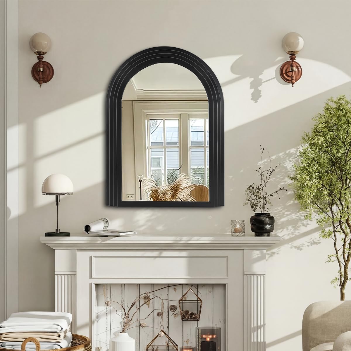 Arched Decorative Wall Mirror, Farmhouse Wall Mirror with Multilayers Wood Frame,Vintage Black Bathroom Mirrors for Bathroom, Living Room,Bedroom, Entryway, Hallway,Foyer