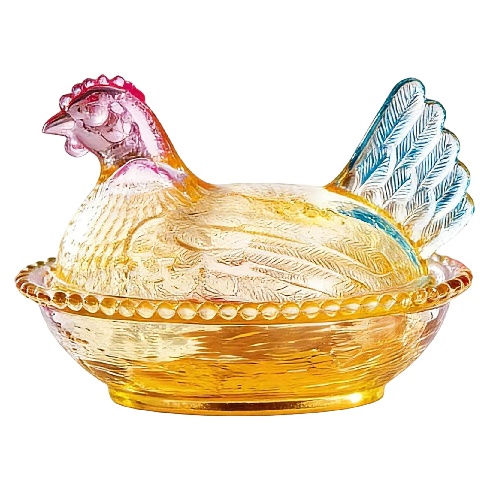 Pineeseatile Glass Hen on Nest, Funny Shaped Candy Dish with Lid 4.7x3.2in Vintage Tabletop Chicken Cookie Jar for Snack, Dessert, Style-1 for Daily Use