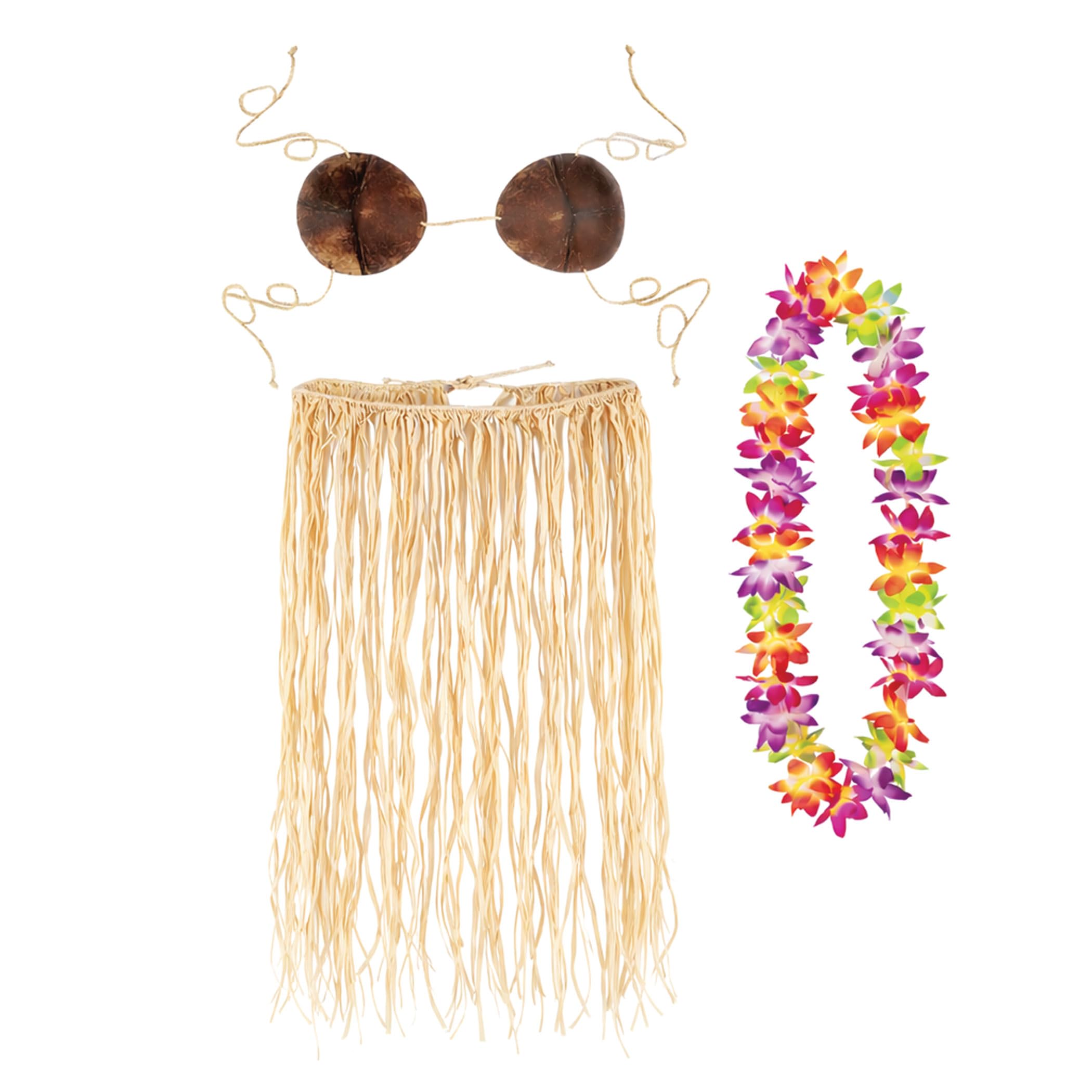Beistle Tropisches Luau-Kostüm – extra großer Bast-Hula-Rock, verstellbares Kokos-Bikinioberteil und mehrfarbige Blumenlei, Hawaii-Party-Verkleidungsset für Strandveranstaltungen, Sommerfeiern und