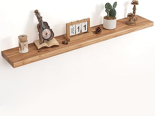 Miniatura 16 de Estantes flotantes para decoración de pared, estantes flotantes rústicos de madera maciza de olmo con borde vivo, estantes de pared con soporte