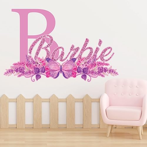 Miniatura 3 de Calcomanía de pared con nombre personalizado con purpurina para niñas, calcomanías de pared de flores y mariposas para decoración de dormitorio de