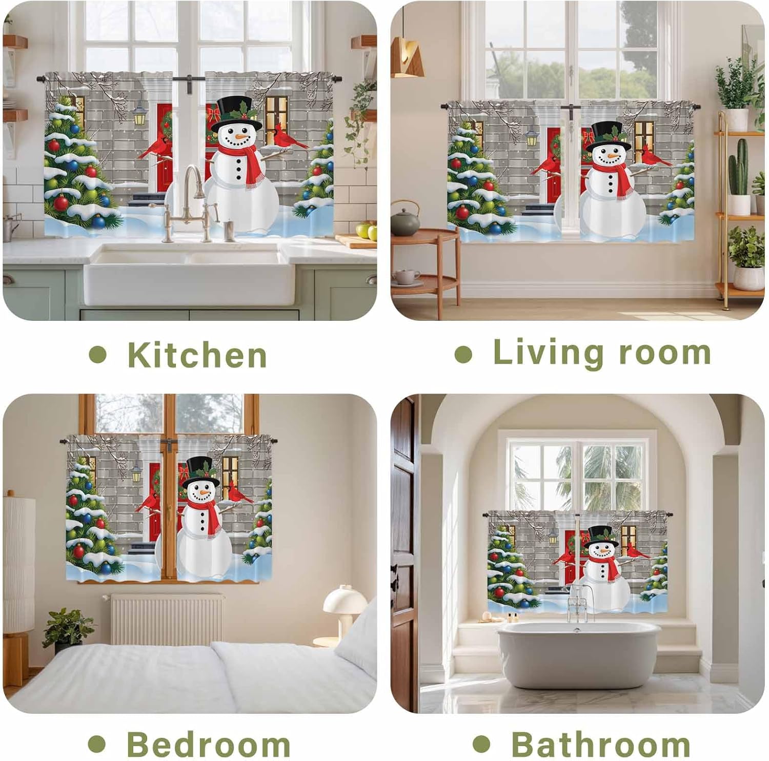 Christmas Snowman Kitchen Tier Curtains 45 Inch Long 2 Panel Set,Rod Pocket Short Window Treatment,Winter Cardinal Xmas Trees Snowflakes Curtains & Drapes for Bathroom Basement 27.5"W x 45"L