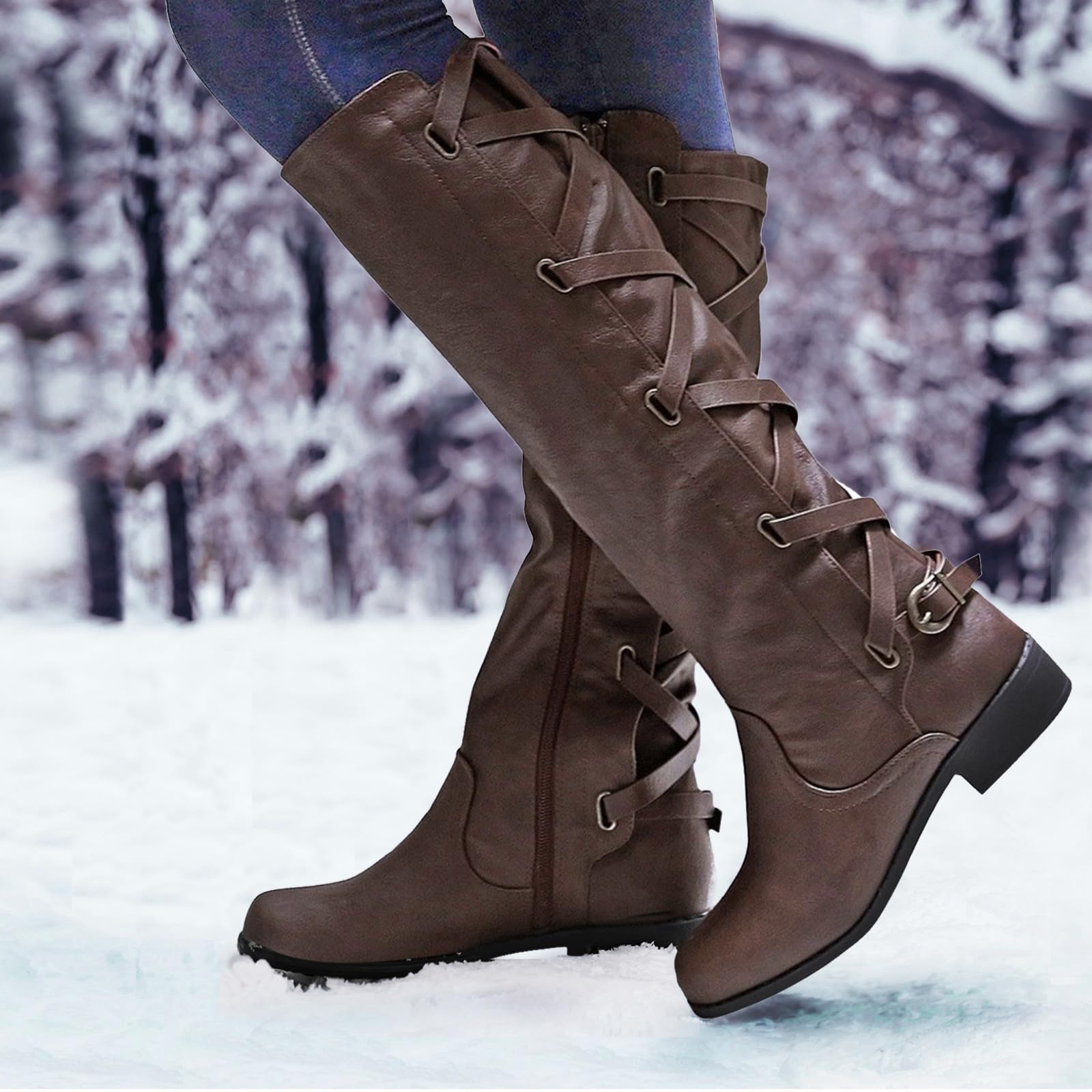 Botas hasta la Rodilla con Cordones para Mujer Botas de Nieve cálidas de Invierno Botas de Montar de Cuero para Mujer Botas de Tobillo Planas con Hebilla de cinturón para Mujer con Cremallera Lateral