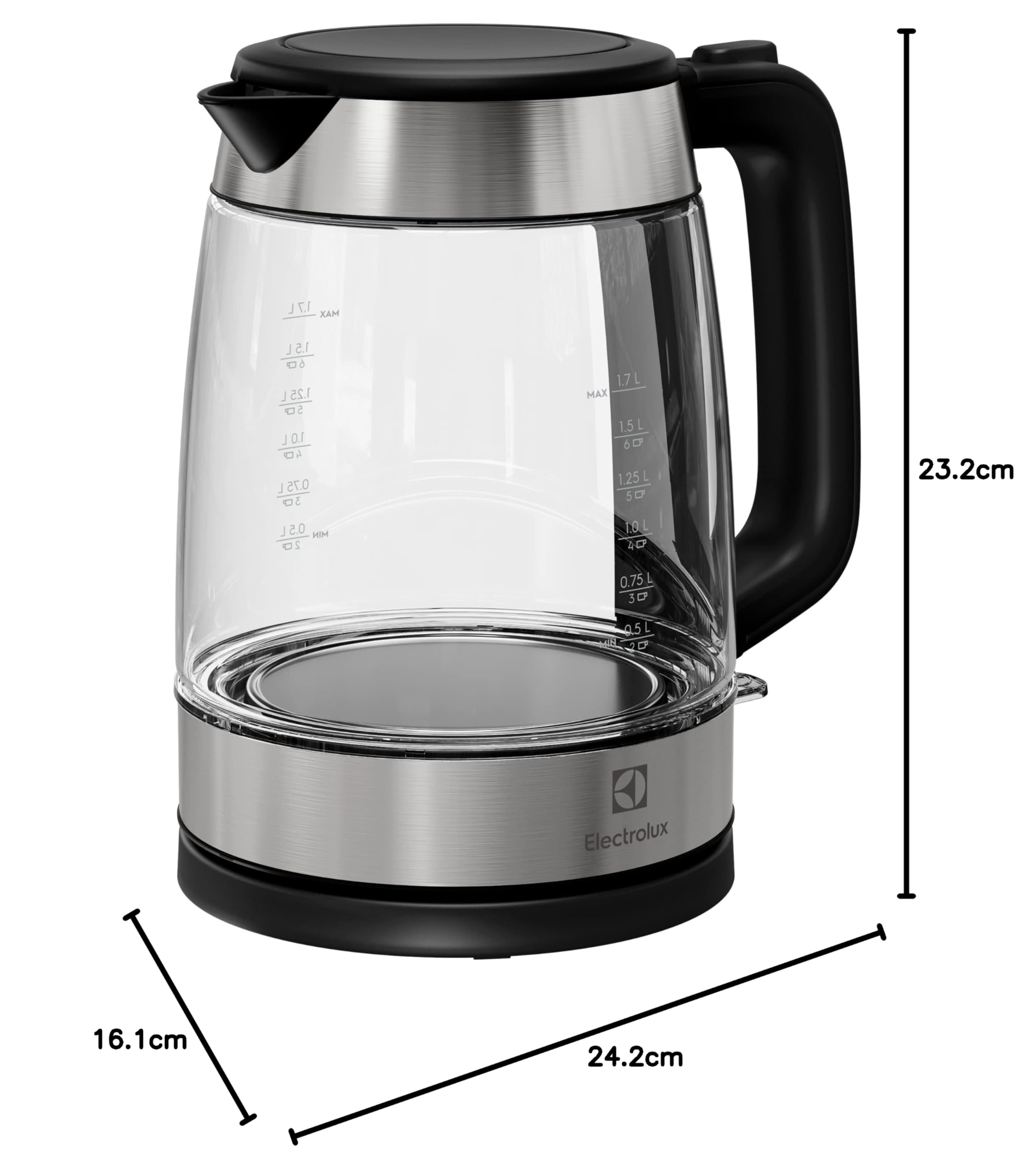 Electrolux Create 4 Hervidor eléctrico E4GK1-4GB, Diseño elegante de vidrio y acero inoxidable, calentamiento rápido, base giratoria de 360°, Jarra inalámbrica, filtro antical, 2200 W, 1,7 litros,