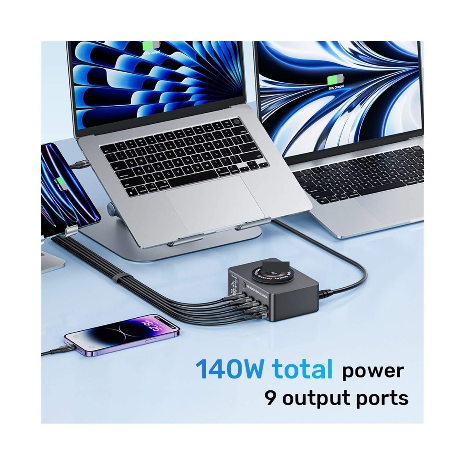 Caricatore USB C, Caricabatterie wireless con stazione di ricarica rapida multi USB-C da 140 W con display LED PD QC 3.0 Ricarica rapida, Veloce, Efficiente e Versatile(With 100w 1m cable)