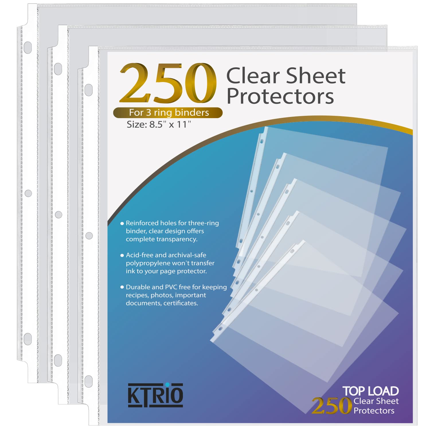 KTRIO Sheet Protectors 8.5 x 11 inch, Clear Page Protector for 3 Ring Binder, Plastic Sleeves for Binders, Top Loading Paper Sheets Document Sleeve Letter Size, Office & Home, 250 Pack