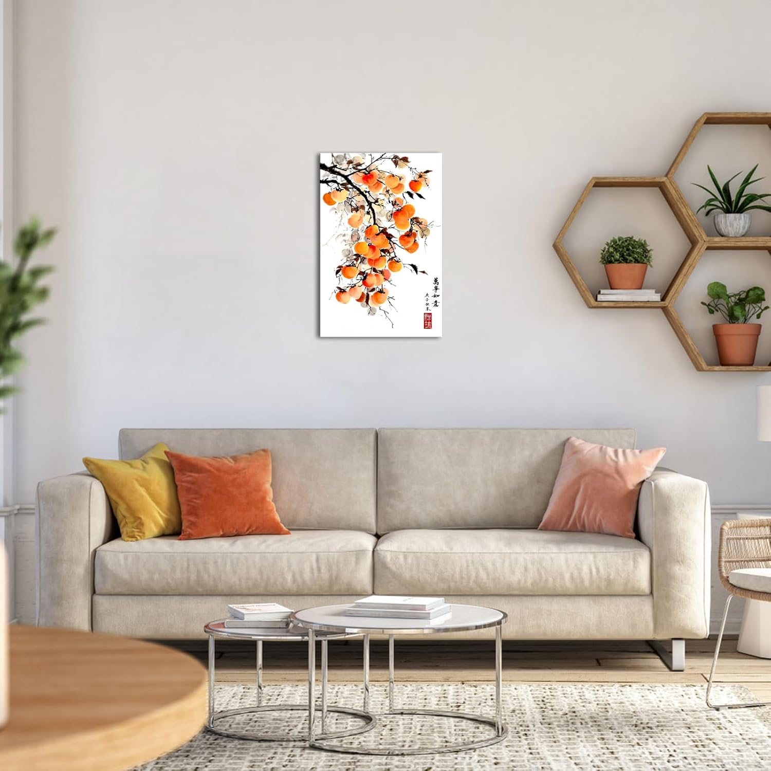 Canvbay Asian Wall Art Traditional Chinese Ink Style with 'May everything go as you wish' Quote Canvas Prints Persimmon on Branch Painting Pictures Oriental Poster Framed for Home Decor 24x36inch
