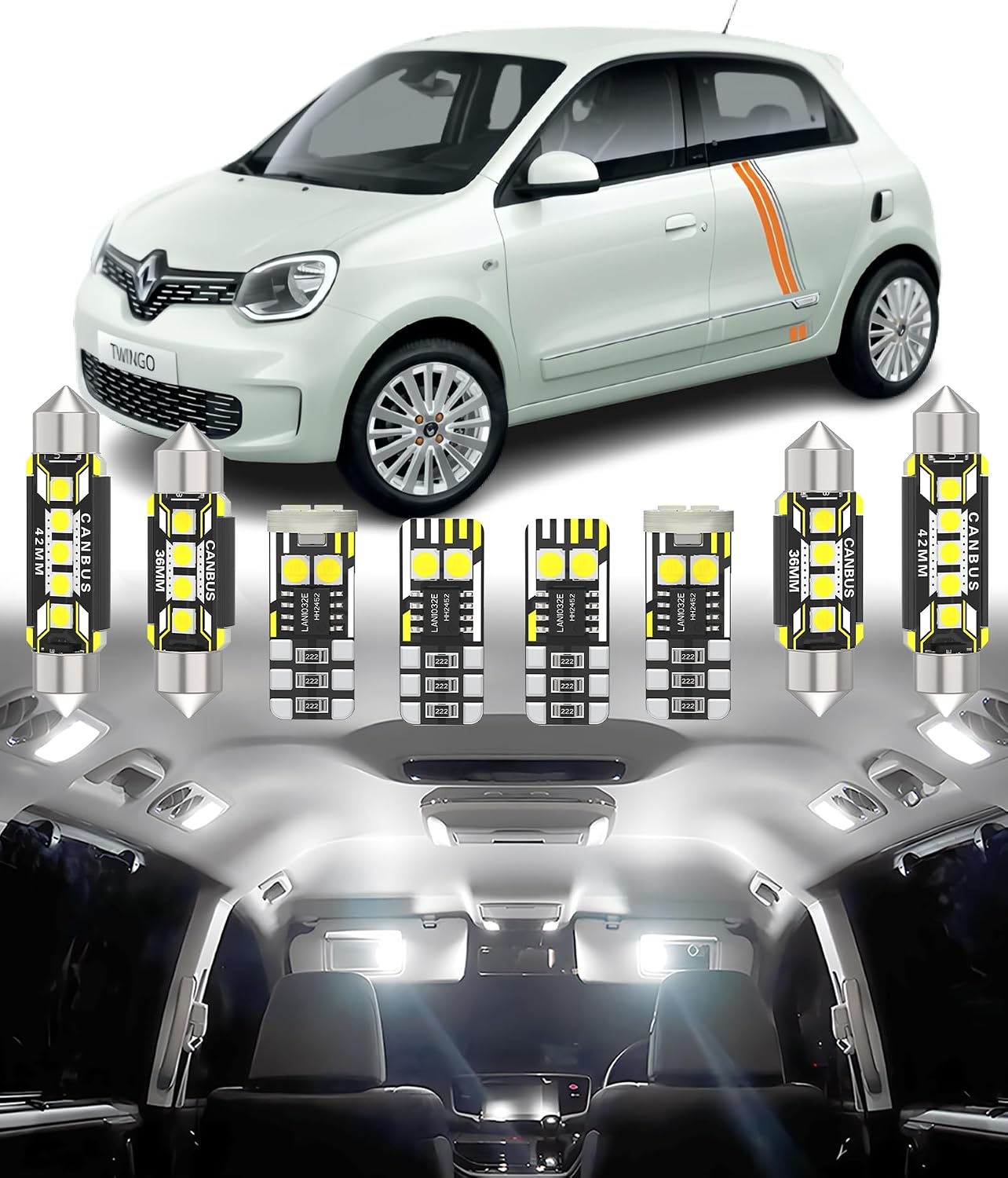 BMT xms 6pcs Interior LED Lighting Kit for Renault Twingo 2 3 II III 2007-2024 Interior Lighting 6000K White