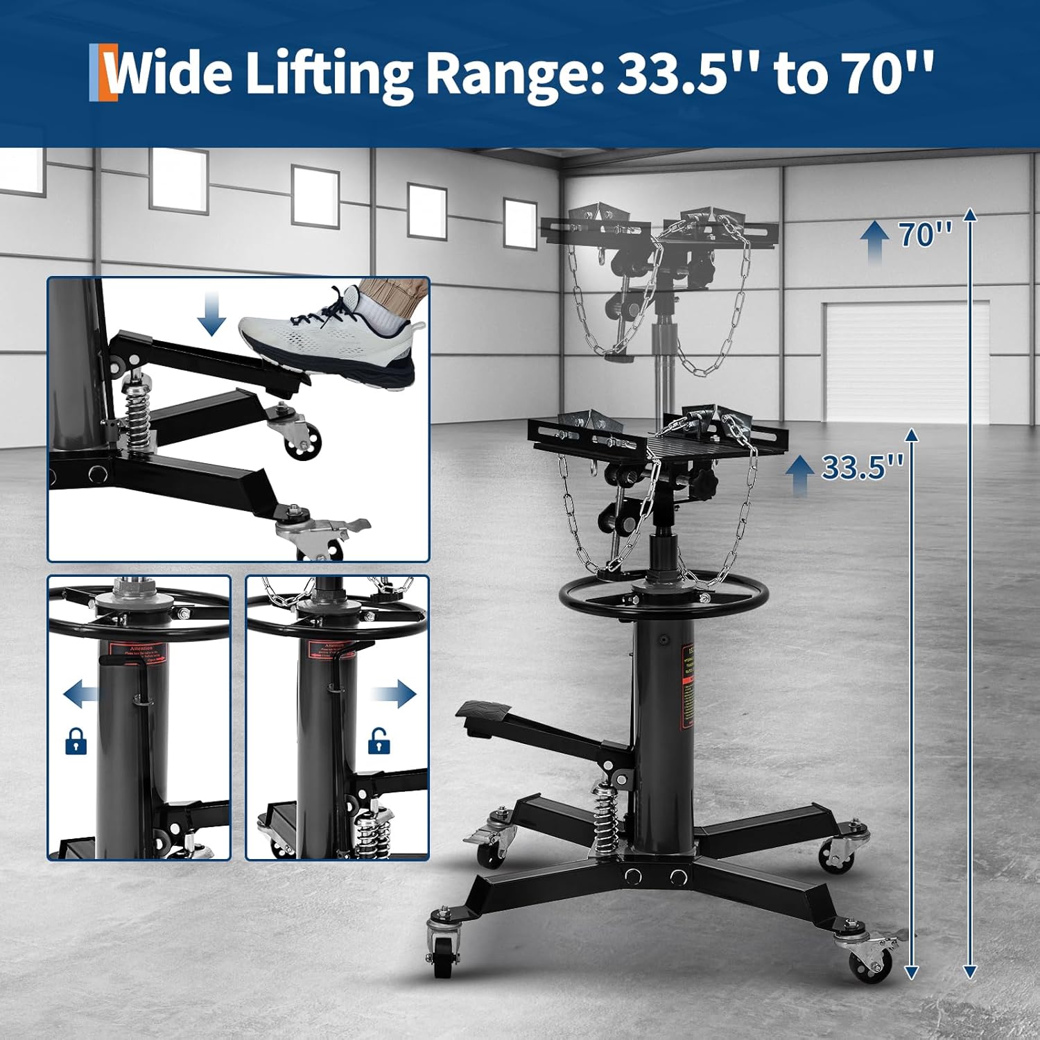 Hydraulic Transmission Jack 1322 LB Capacity - Heavy Duty Steel Construction, Dual Plungers for Smooth Control, 360° Rotation & 30° Tilting Saddle, Secure Chains & Locking Casters