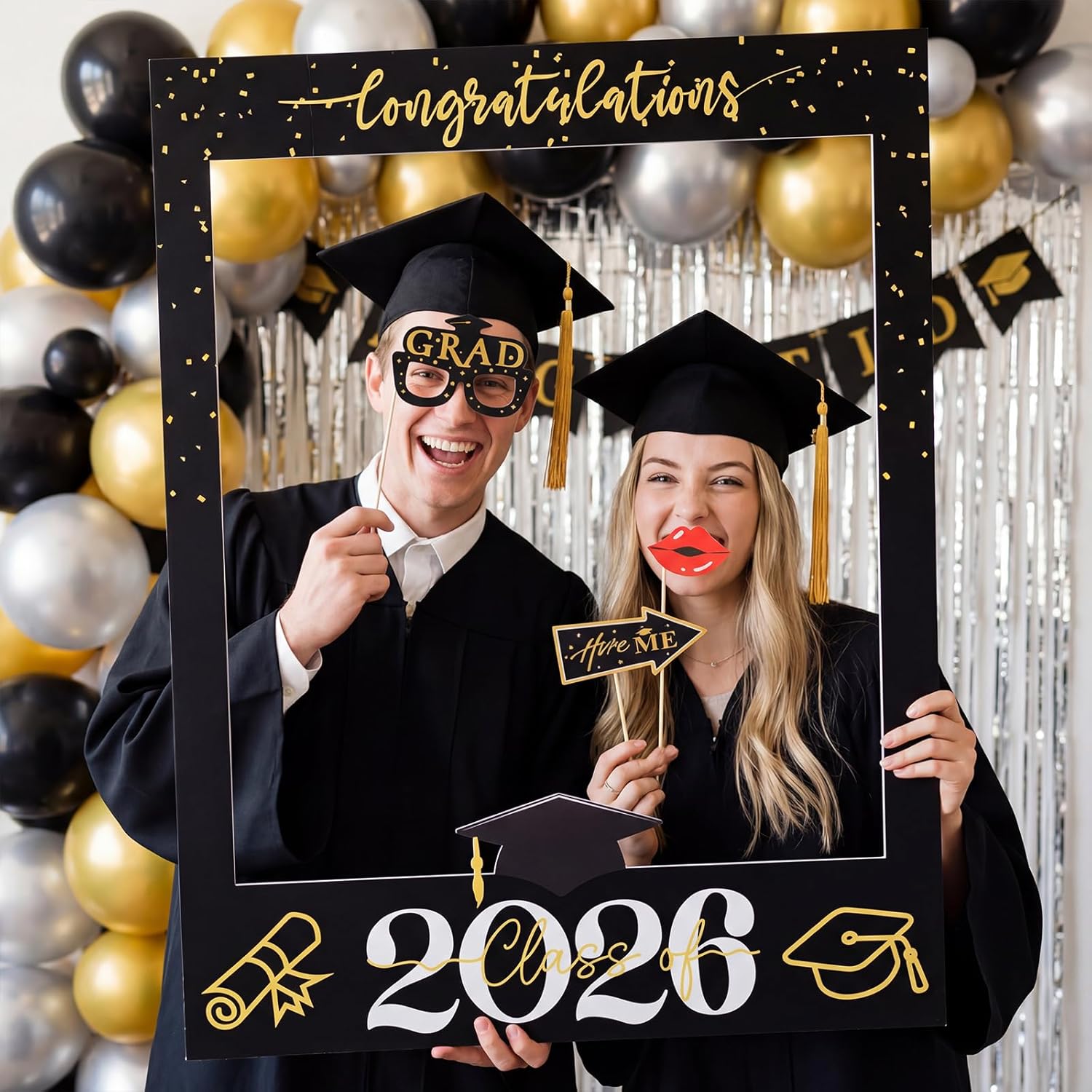 Tinlade 33 x 25 Inch Graduation Photo Booth Props - Large Graduation Photo Prop Frame with 30 Pcs Grad Selfie Photos Booth Props for Class of 2026 Congrats Grad Party Supplies for College High School