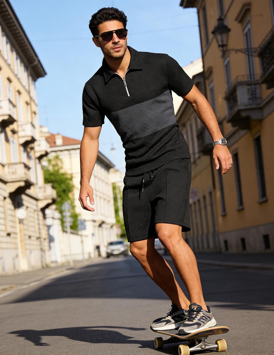 UOUA Mens Summer Track Suits 2 Piece Shorts Sets Short Sleeve Sweatsuit Outfits 1/4 Zip Golf Polo Splicing Striped Shirts
