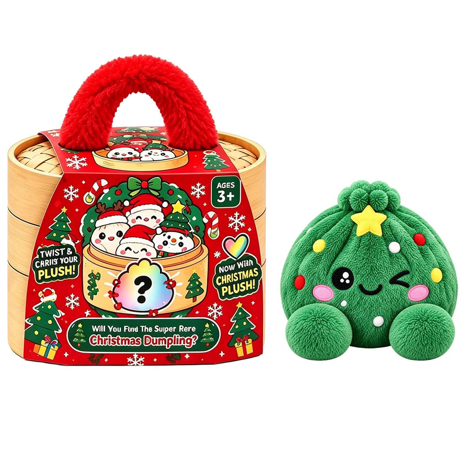 Christmas Plush Dumpling Cushion Cute Stuffed Squishy Bun Stress Relief Pillow with Steamer Gift Box for Adults, Home Office Decor