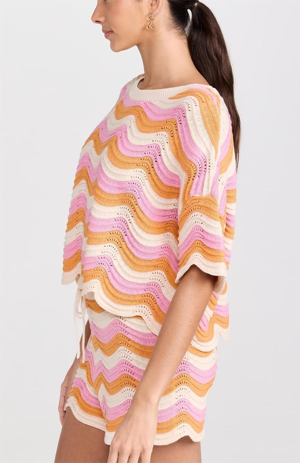 NIFTRIRY 2 Piece Sets for Women Short Sleeve Striepd Crochet Cover Up Tied Shorts Beach Clothes Pink - Image 3