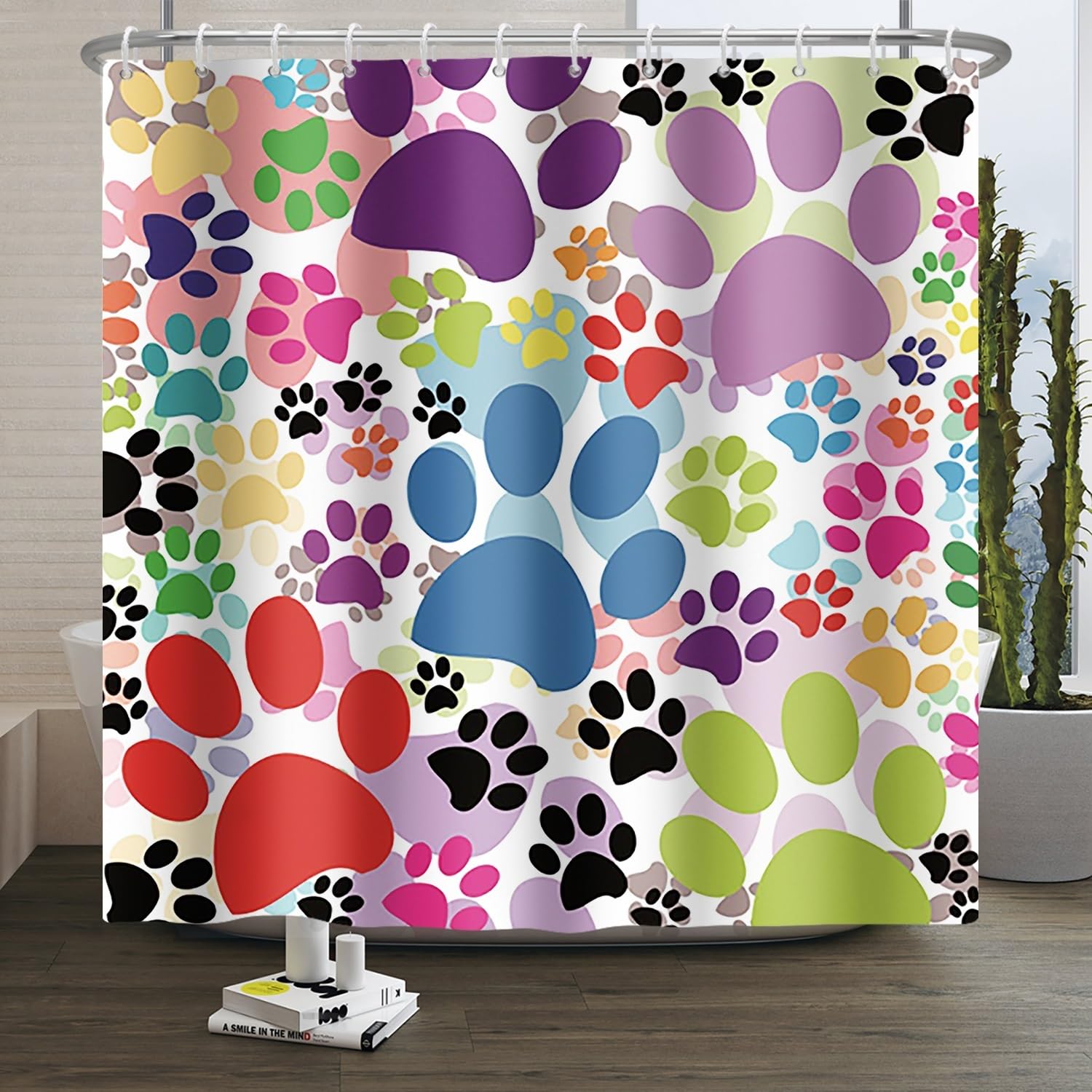 Xiaoterna Dog Paws Shower Curtain Cute Dog Pet Paws Animal Lover Claw Footprint Bathroom Curtain Colorful Cartoon Dog Cat Paw Mould and Mildew Resistant Machine Washable Shower Curtain 180x220cm