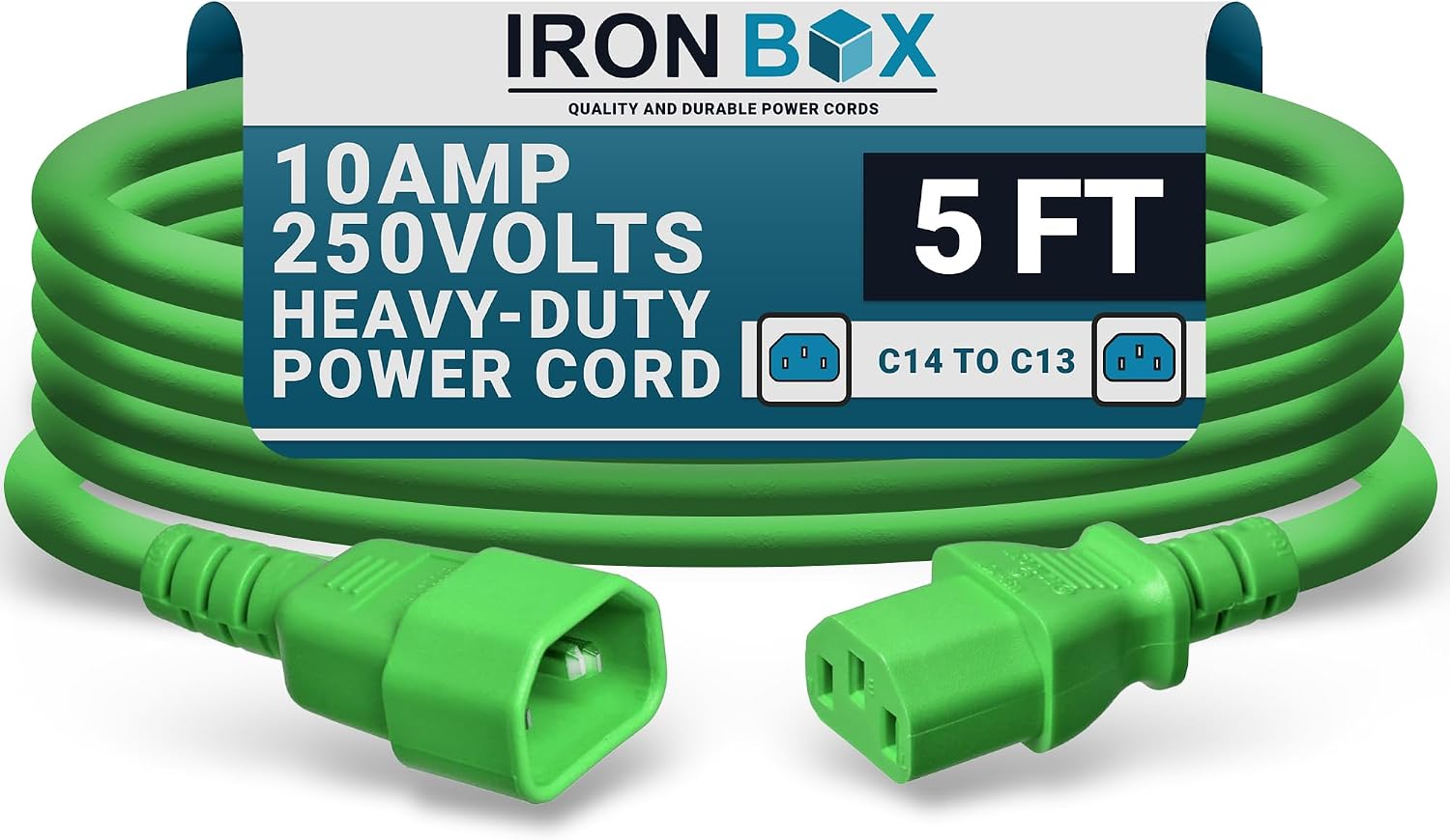 IronBox Electric C14 to C13 Power Cord - 10A/250V, 18/3 AWG SJT - UL Listed IEC Cable & Jumper Cords - Heavy Duty Power Extension Cord for Desktop Computer, Monitor, Projector, PDU & More (5ft, Green)