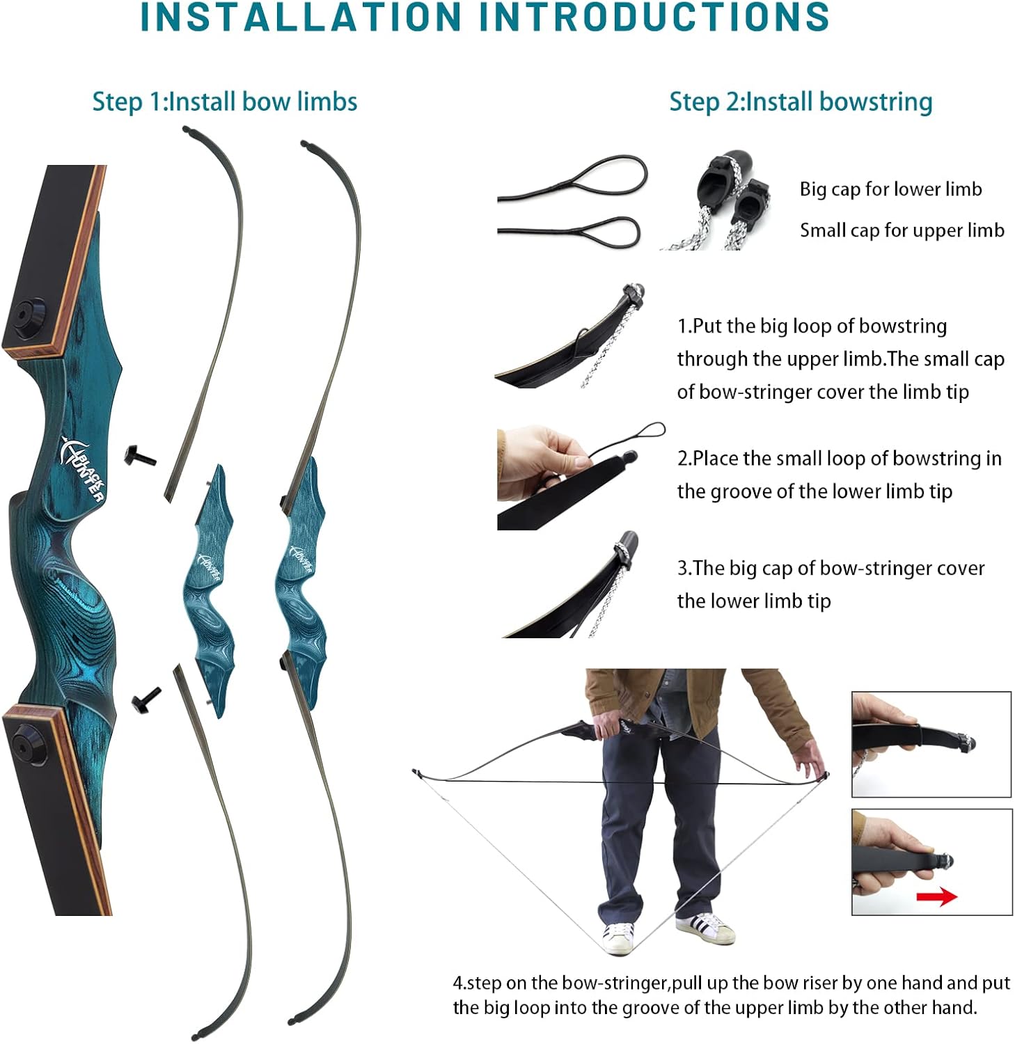 OBTOUTDOOR 60" Black Hunter Takedown Recurve Bow Left Hand 20-60LBS Left Hand Bows Wooden Riser Hunting Bow for Adults Target Practice