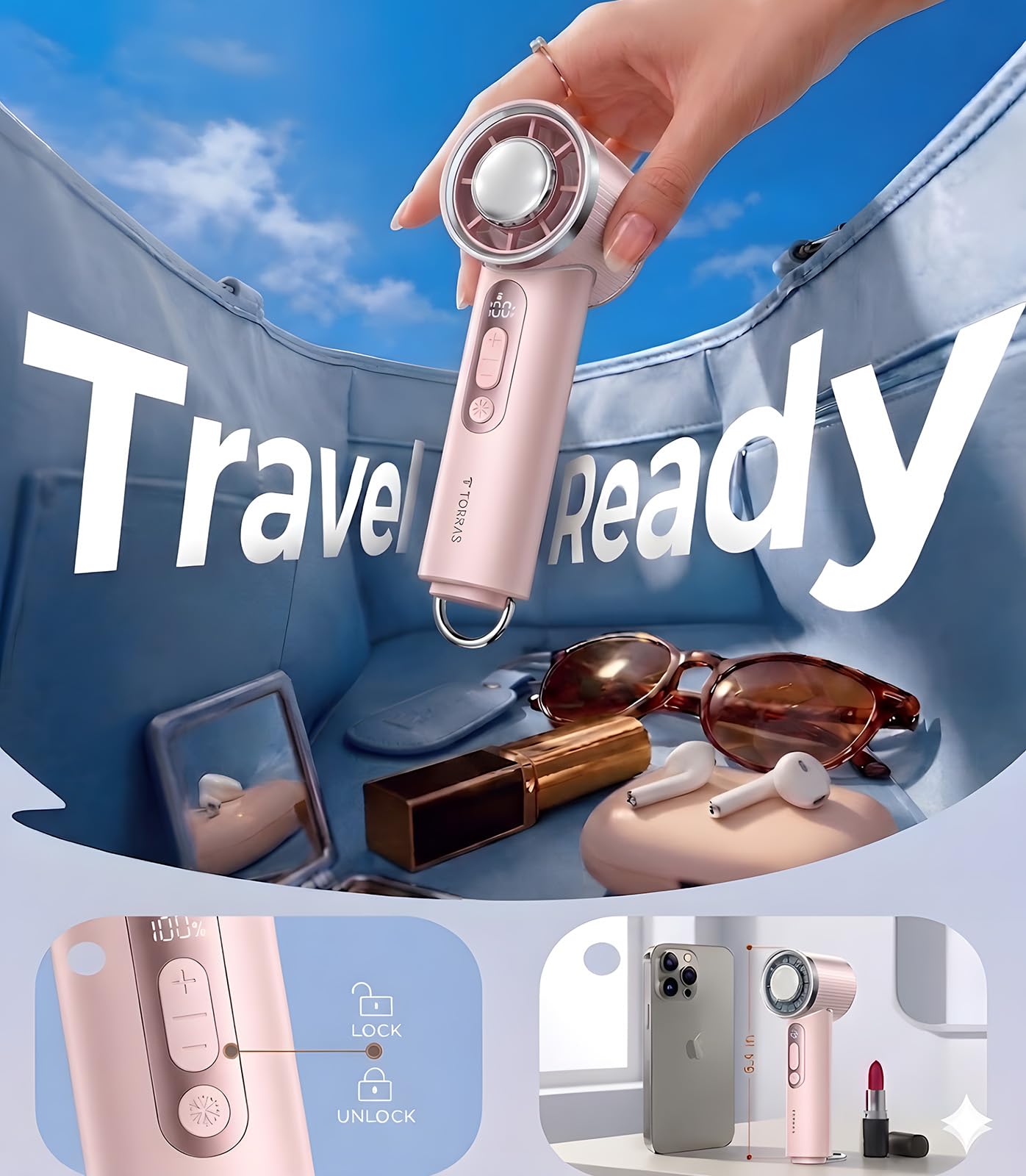 TORRAS Coolify iva Ventilatore portatile con refrigeratore per ghiaccio, ventilatore personale ricaricabile da 5000 mAh, velocità regolabile da 0 a 100, super mini ma potente, ventilatore portatile