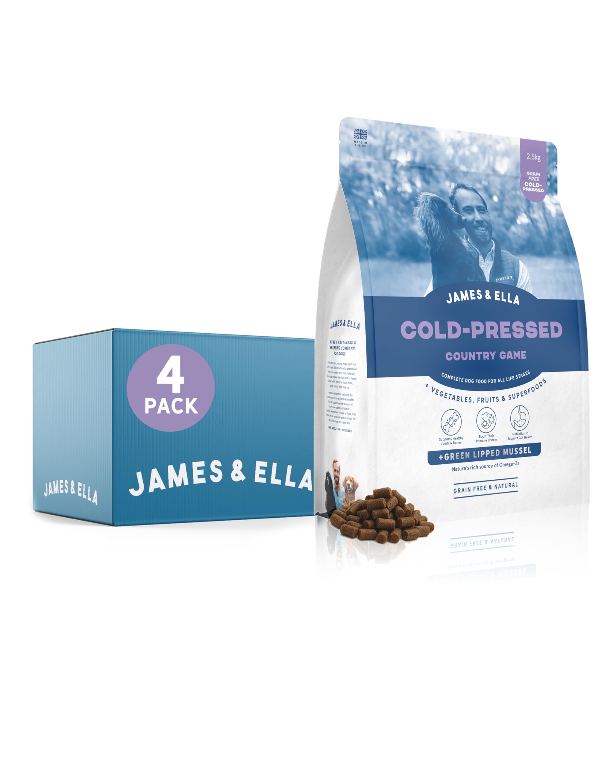 James & Ella Cold-Pressed Dog Food, Country Game (4 x 2.5kg) Hypoallergenic, Grain Free & Low-Fat Complete Pellets | Rich in Vitamins, Fatty Acids & Nutrients, Easily Digestible for Sensitive Dogs
