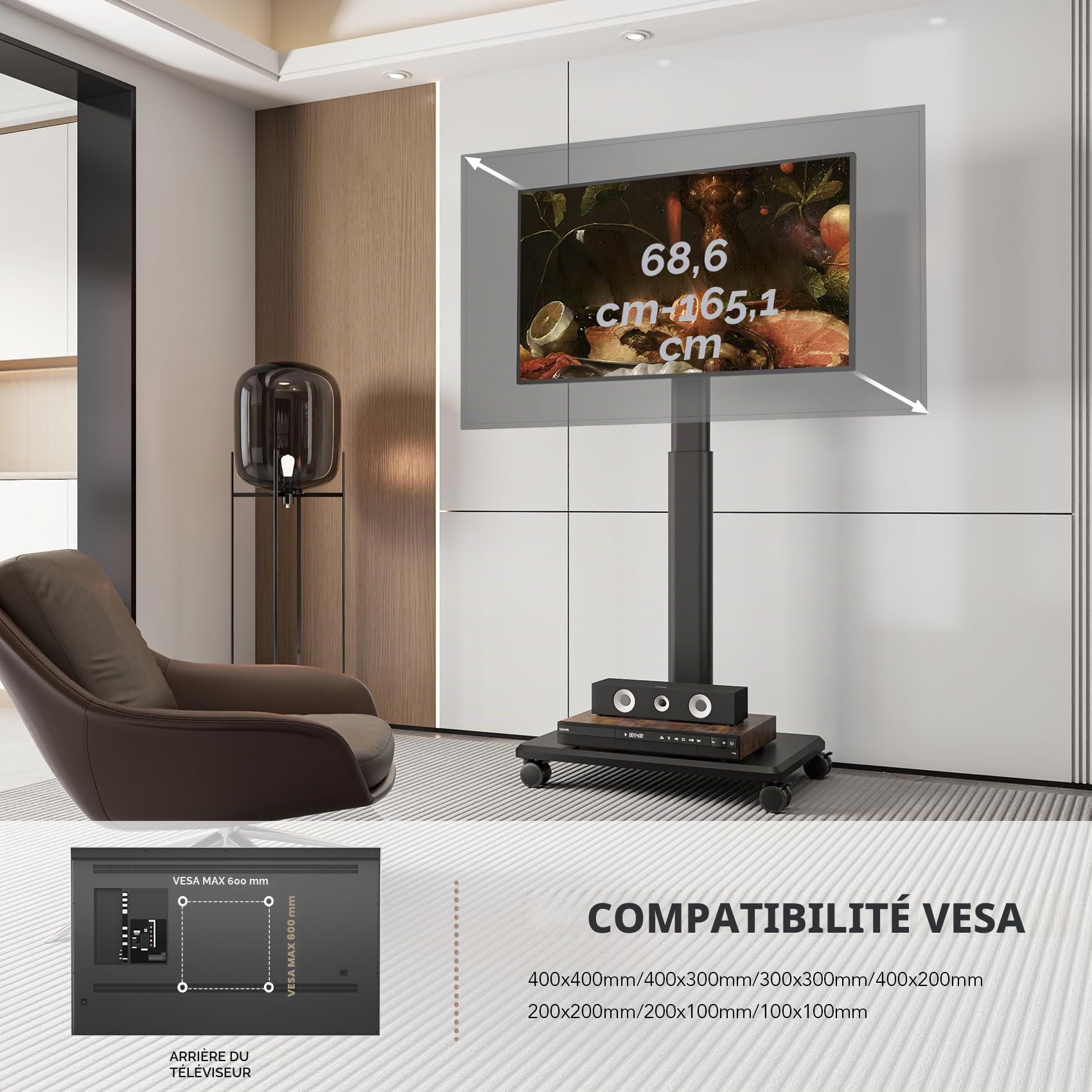 AX WABER Support TV de Sol Universel, Support TV Roulant avec Roulettes, Pivotant à 80 Degrés, Réglable en Hauteur pour TV LCD LED OLED de 27 à 65 Pouces, Peut Soutenir jusqu'à 40 kg, Support pour
