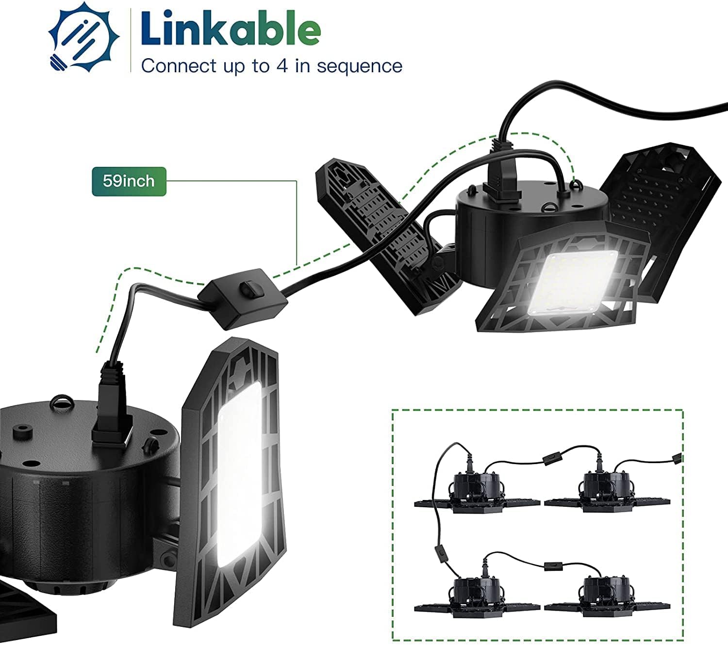 Plug in Linkable LED Garage Light with ON/Off Switch - 6000 Lumen 6500K Daylight 60W, Three Leaf Led Garage Ceiling Lights, Pack of 2