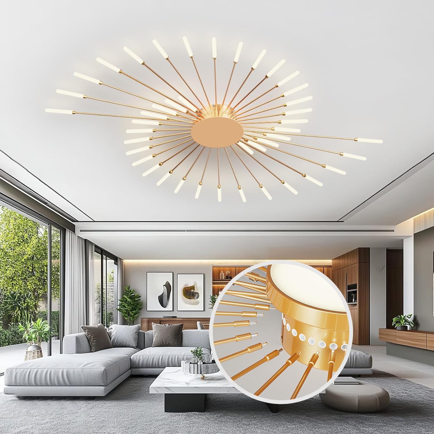 Modern Ceiling Light Flower Shape, Metal Firework Ceiling Lamp with Plug-in LED Source, Lighting Fixture for Living Room Dining Room Bedroom, Natural Light