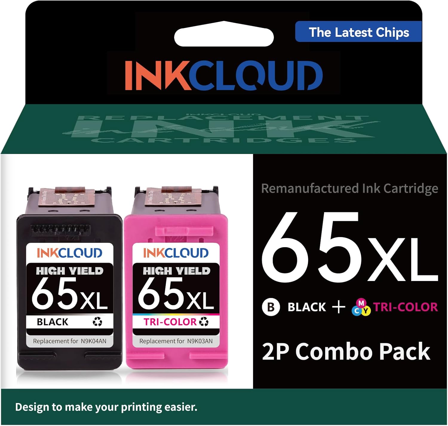 65XL Black/Color Ink Cartridges Combo Pack for HP Ink 65XL 65 Work with HP Envy 5055 5000 5052 5010 5070 5014 5052 5058 Deskjet 3755 3772 3700 2600 2640 3752 3722 2622 2652 Printer -2PK High Yield