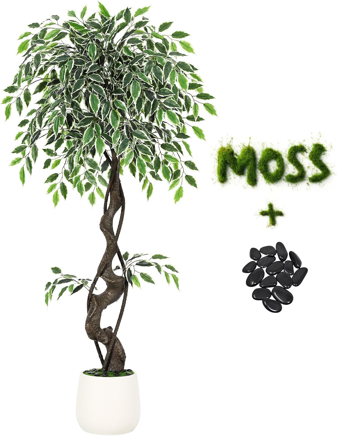 4ft Artificial Ficus Tree, Tall Fake Plants Indoor with White Planter & Pebbles, Realistic Variegated Silk Faux Tree with Natural Wood Trunk, Floor Plant for Living Room Corner, Home Office Decor