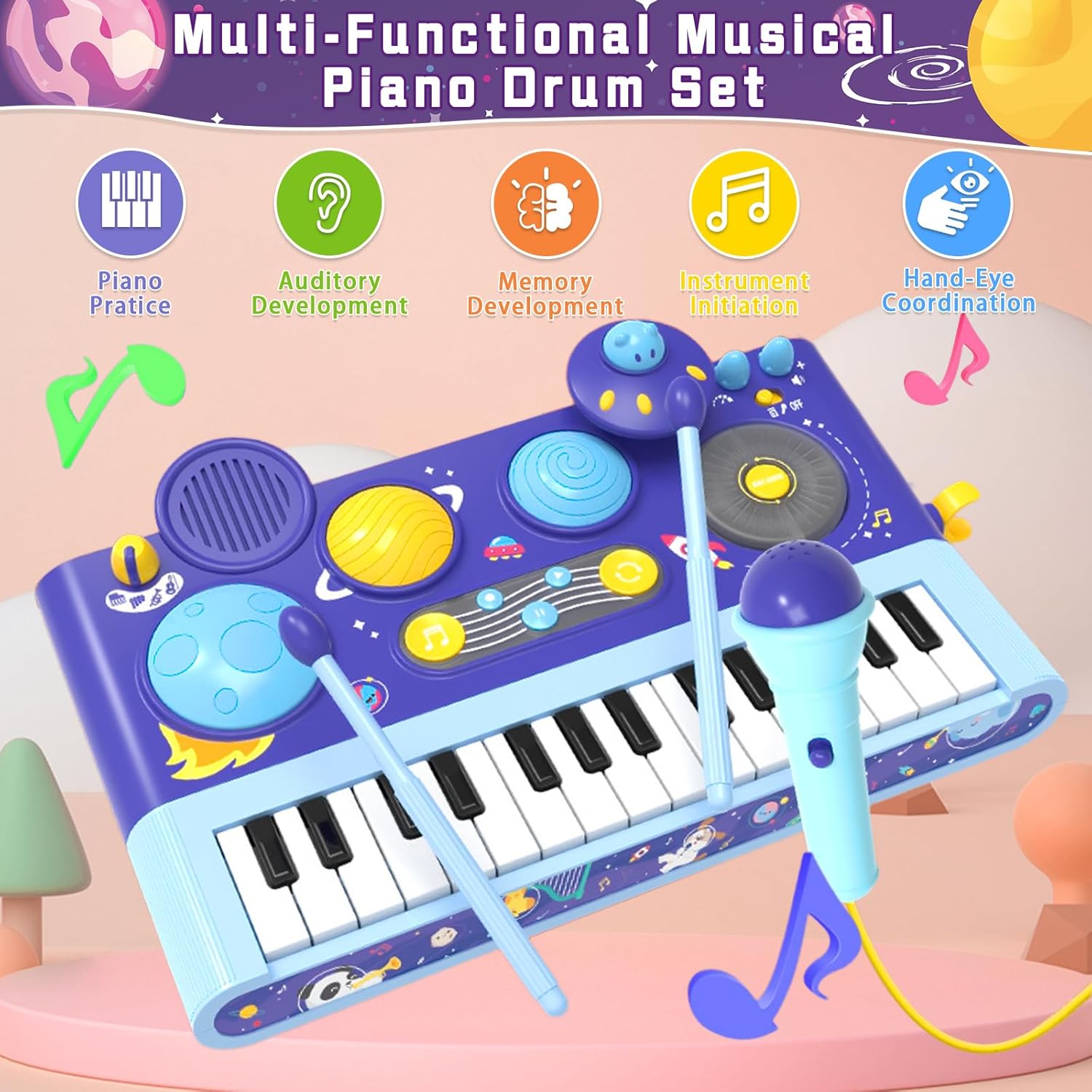 Mostop Kids Drum Set for Toddlers 1-3: Toddler Musical Toys 5 in 1 Piano Keyboard Xylophone Drum with Microphone, DJ Table Instruments Learning Toys for Boys Girls Age 2-5 Birthday Gift