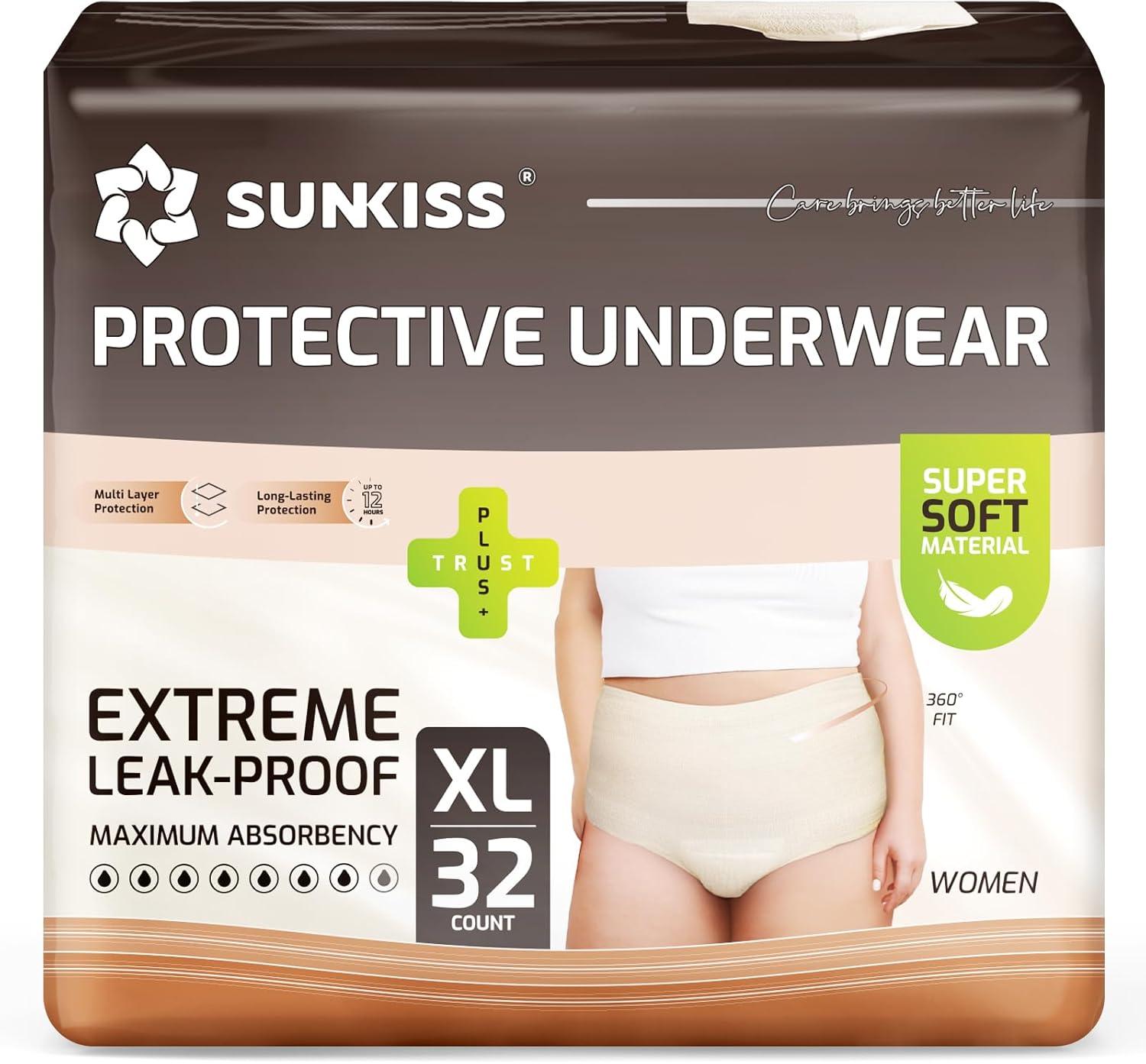 SUNKISS Women Incontinence Underwear, Daytime Disposable Postpartum Adult Panties, Protective Pull Ups with Maximum Absorbency, XLarge, Beige, 32 Count