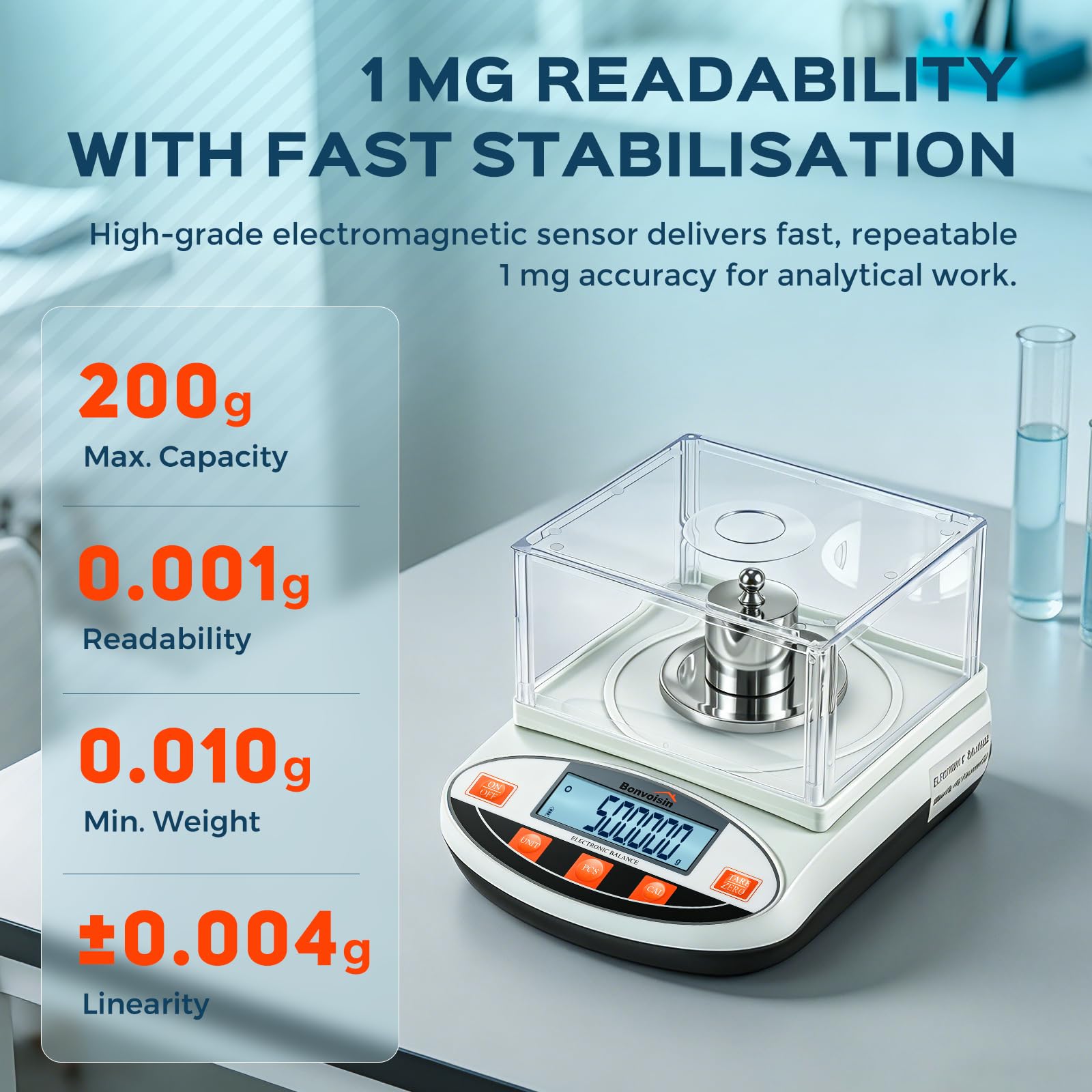 Bonvoisin Labor Analytische Waage 200gx0.001g Hochpräzise Laborwaage 1mg Digitale Schmuckwaage mit Windschutzscheiben