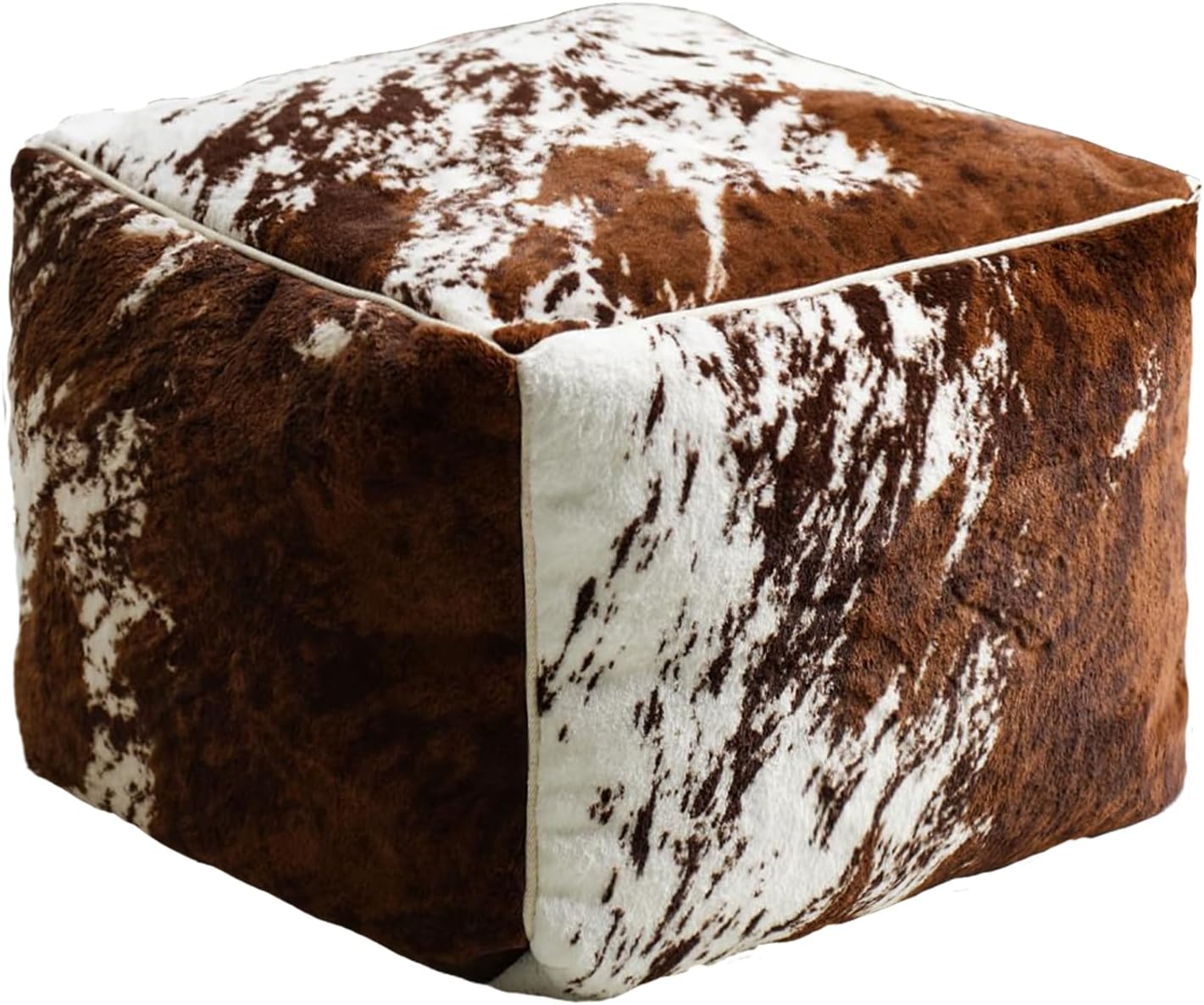Faux Fur Cowhide Pouf Unstuffed, Tricolor Cow Print, Small | Soft Decorative Ottoman Stool, Durable Faux Cowhide Cover, 20"Dx20"Wx16"H, Fits Living Room Bedroom Restaurant