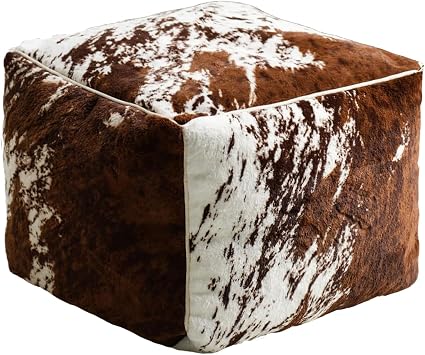 Faux Fur Cowhide Pouf Unstuffed, Tricolor Cow Print, Ottoman