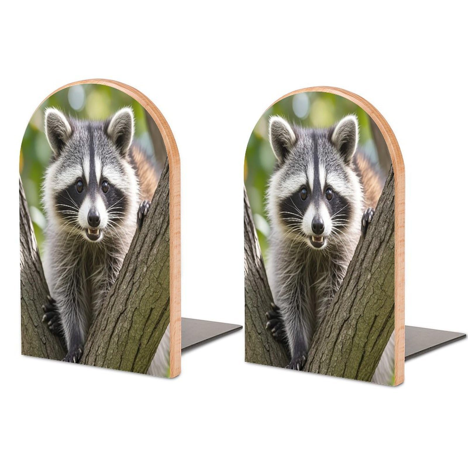 Raccoon Book Ends Wood Non-Skid Bookend for Shelves Heavy Duty Bookends with Metal Base Decorative Books Stopper Desk Organizers Book Dividers for Office Home 1 Pair