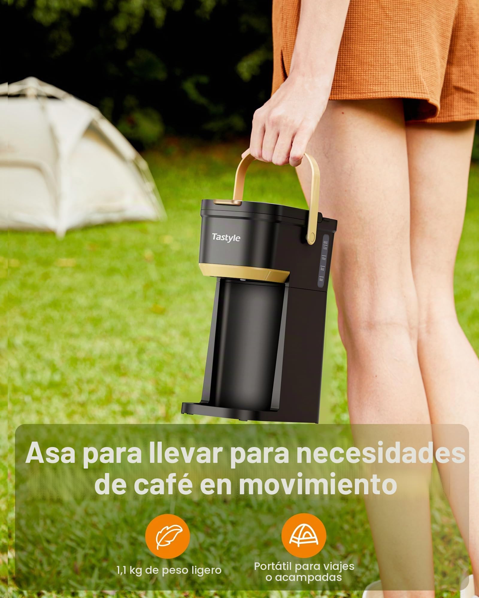 Tastyle - Cafetera de una sola taza para tazas K y molidos, mini cafetera con mango portátil, tamaño de cerveza de 6 a 12 onzas, para viajes, camping, oficina, RV y recámara, 120 V, negro y dorado