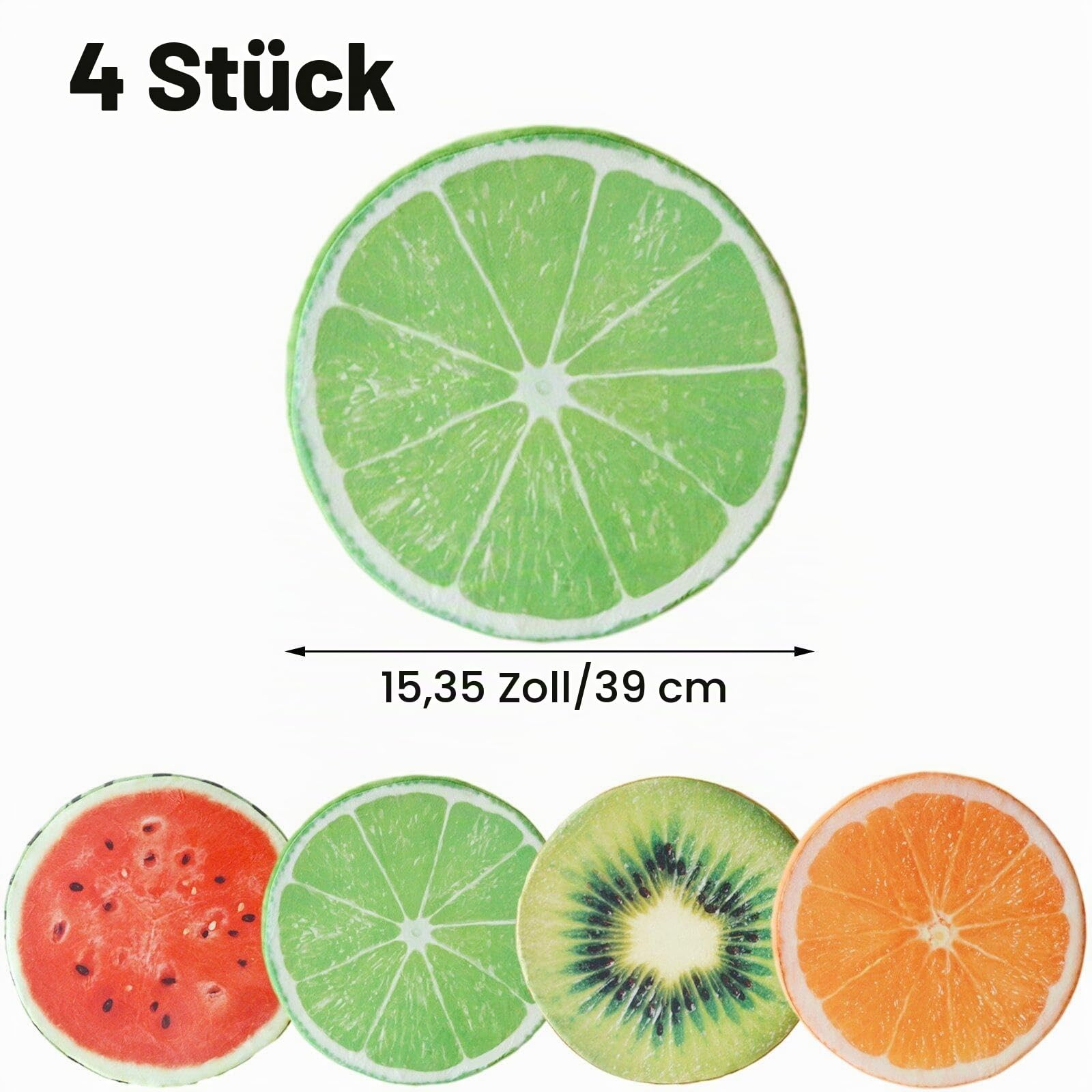 4 Stück Runde Fruchtkissen, Gefüllte Dekokissen 3D Wassermelone Kiwi Orange Zitrone Sitzkissen Dekorativ Kissen Für Schlafzimmer, Wohnzimmer, Büro