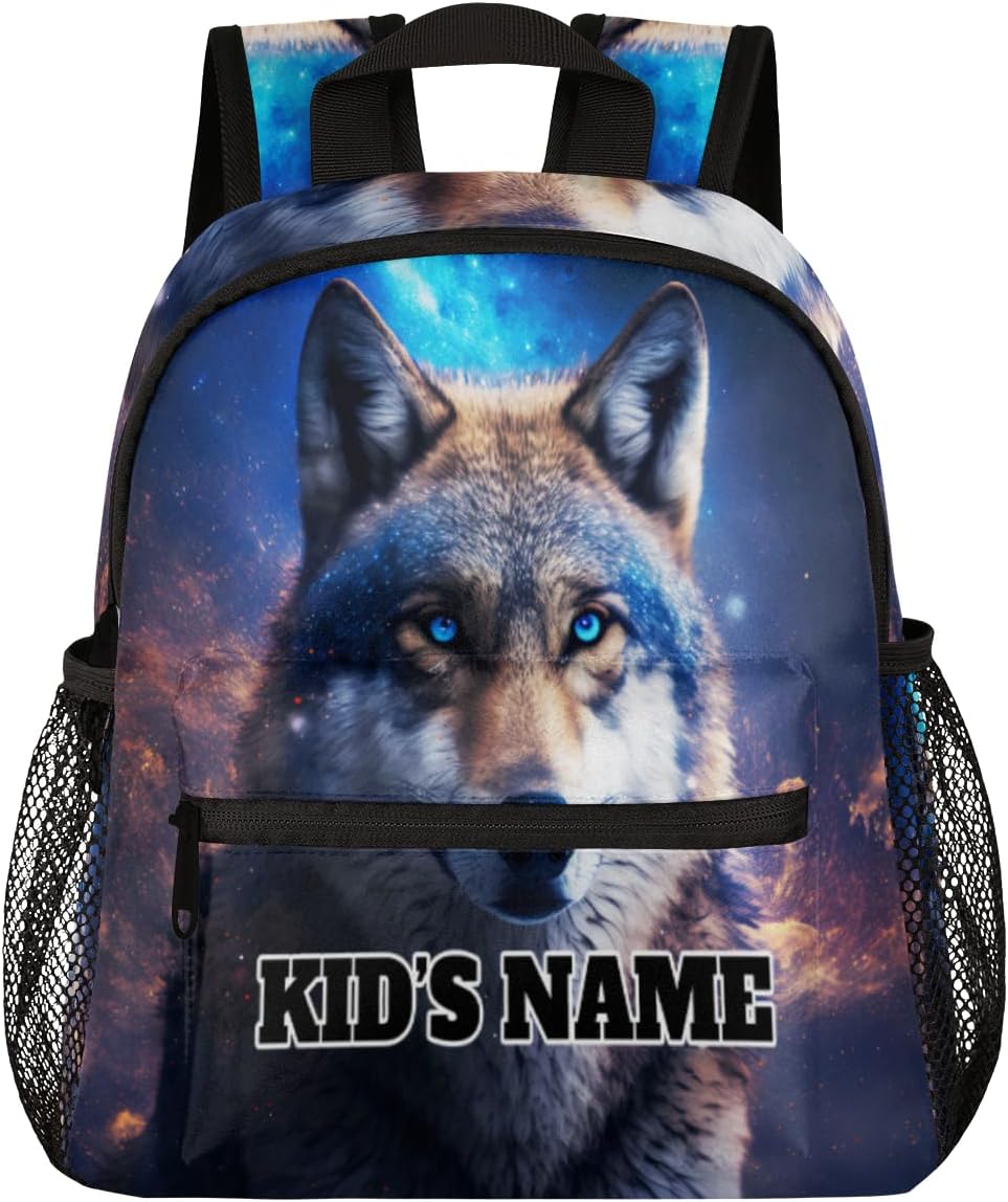 cfpolar Personalized Kids Backpacks for Boys Girls, Custom Name Mini Toddle Backpack, Customized School Bookbags Casual Daypack Bag for Preschool Kindergarten 12 in, Animal Fire Wolf Starry Sky