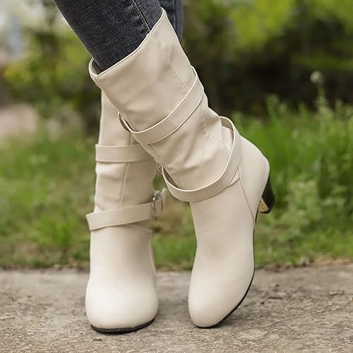 Miniatura 6 de SuanlaTDS Tall Wide Calf Boots for Women Heel Mid Round Boots Heel Cowboy Toe Vintage Velvet Shoes Buckle Women's Plus Women's Boots (Beige, 8)
