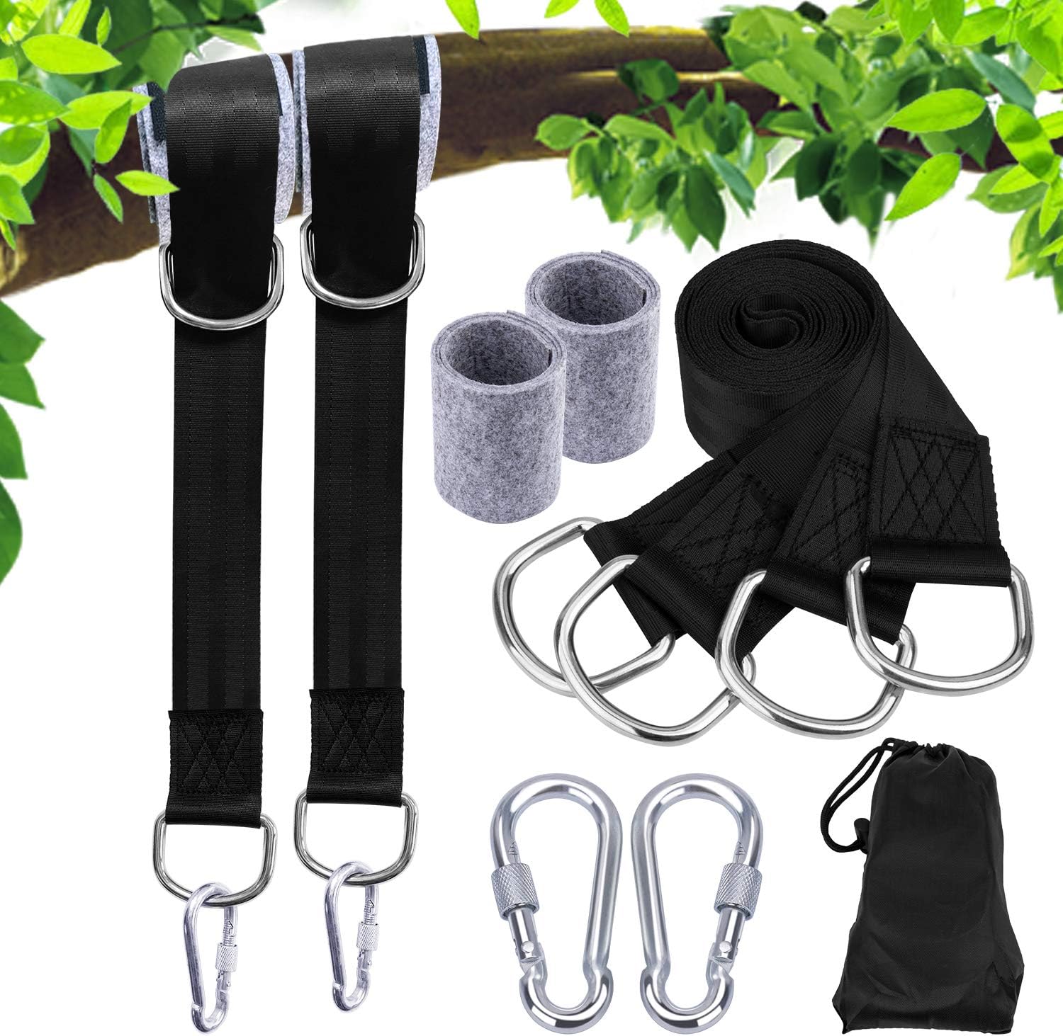 ANGGO Tree Swing Hanging Straps, Outdoor Hammock Straps Adjustable Holds 2200 lbs, 5ft/152cm Swing Hanging Strap Kit with Safer Lock Snap Carabiner Hooks for Tree Swing & Hammocks (2 Pack - Black)