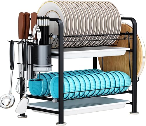 Escurridor de platos de 2 niveles, escurridor de platos con soporte para utensilios, escurridor de acero inoxidable 304 con estante para tabla de