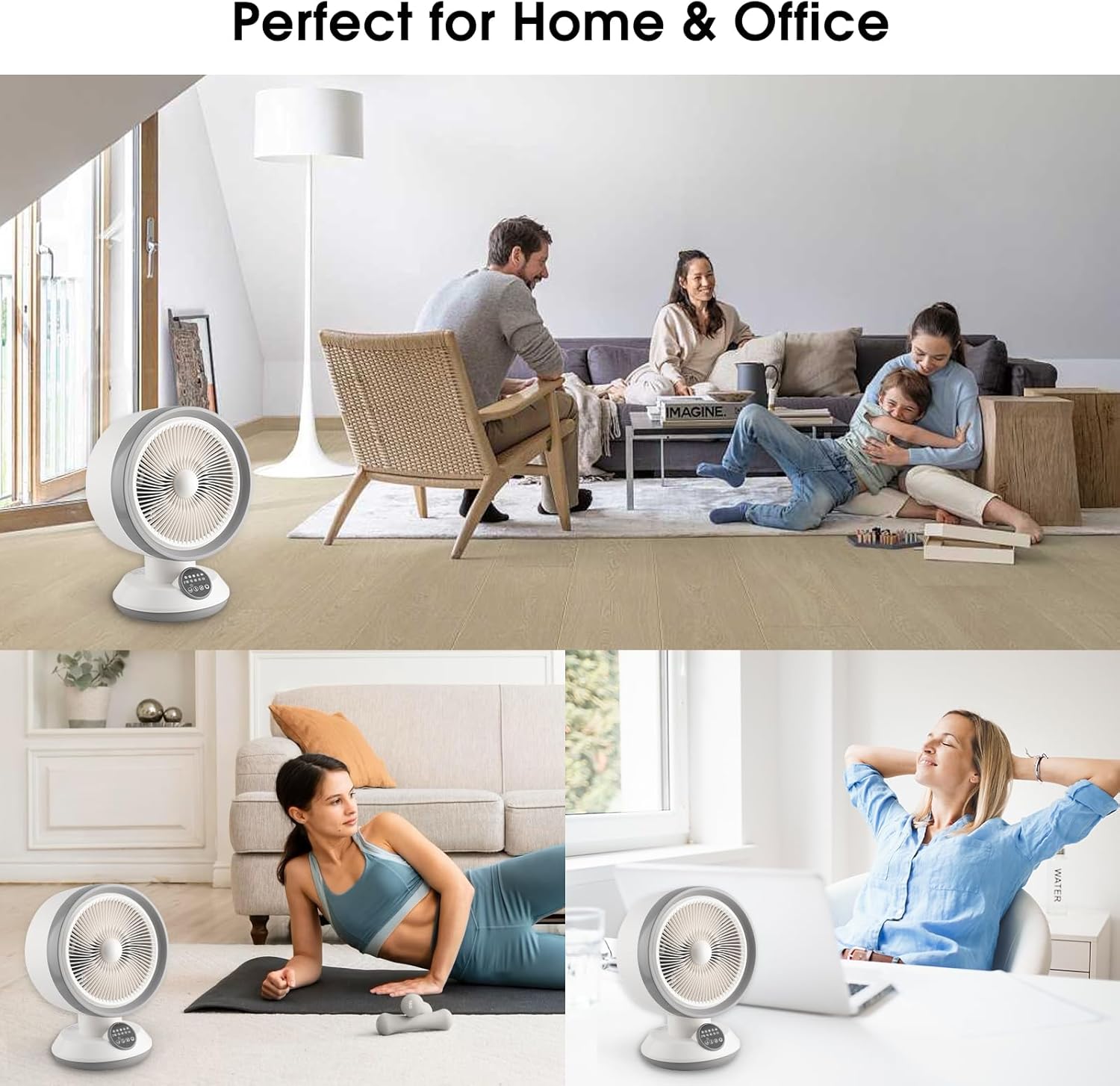 2-in-1 Heater Fan Combo, Air Circulator Fan with Remote Control, 55° Auto Oscillating Cooling Desk Fan, Tip-Over & Overheat Protection, Portable Space Heater for Bedroom Office