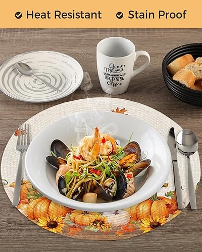 Miniatura 4 de 2 manteles individuales redondos trenzados, diseño de girasoles, hojas de arce y Acción de Gracias, lavables, de 15 pulgadas, resistentes al calor,