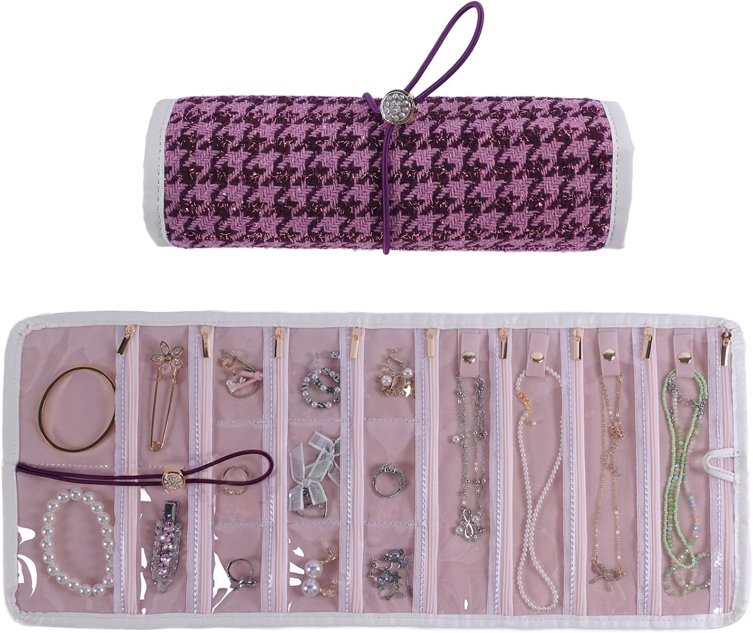 Travel Jewelry Organizer Roll with Zippered Pockets,Hangable | Tangle-Free Portable Jewelry Storage Bag for Women | Holder for Necklaces, Earrings, Rings, Bracelets,Bangles